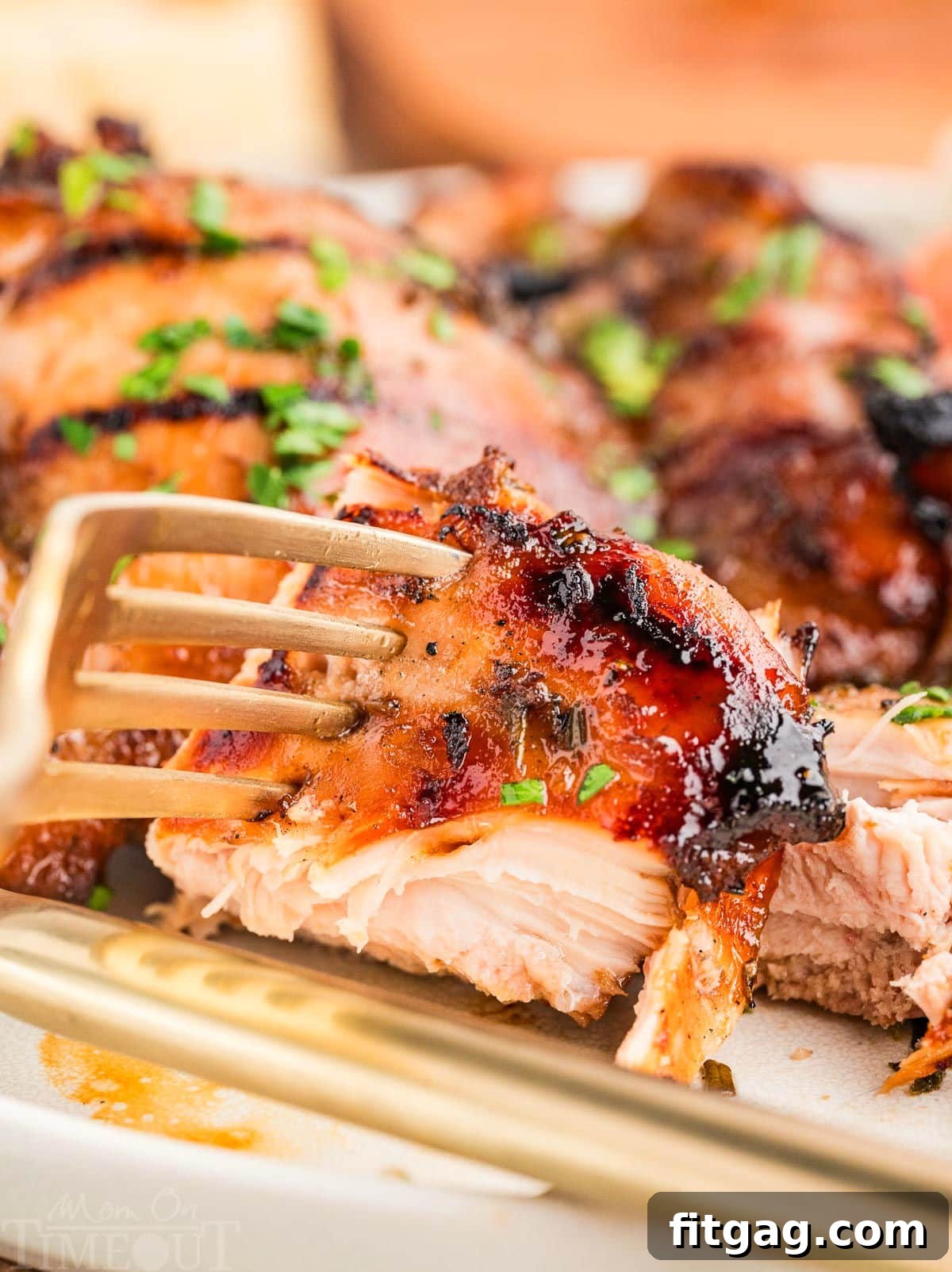 Balsamic marinade for chicken grilled chicken with fork holding a piece of the chicken.