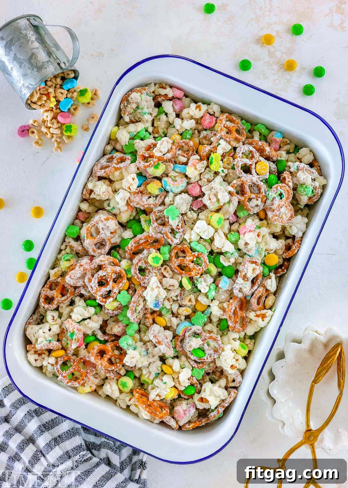The Golden Allure 3 Top down shot of easy Leprechaun Bait recipe in large white enamel casserole dish.