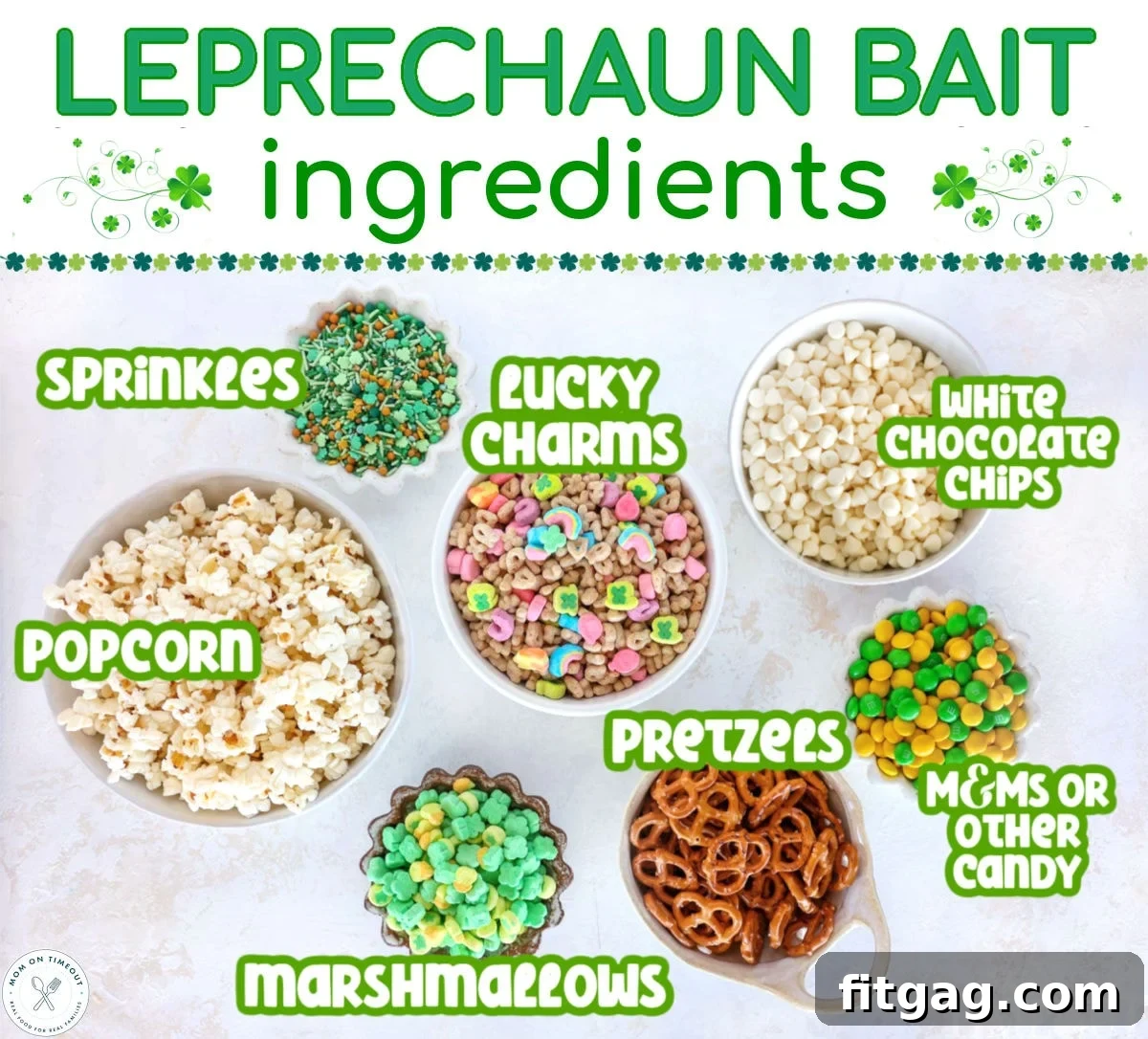The Golden Allure 4 Leprechaun Bait ingredients measured out into bowls ready to be utilized in the recipe. Text overlay at the top of image.