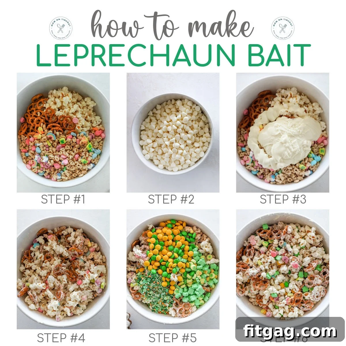The Golden Allure 5 Six image collage showing how to make leprechaun bait. Text overlay at top of image.