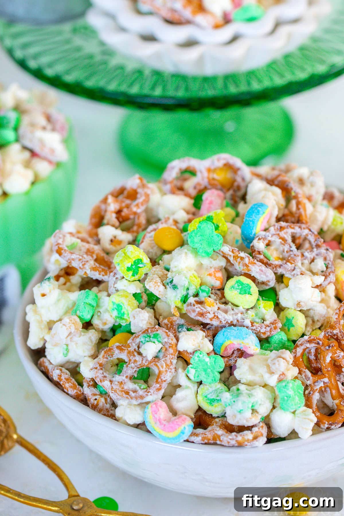 The Golden Allure 7 Close up look at Leprechaun Bait in white bowl with green cake stand in background.