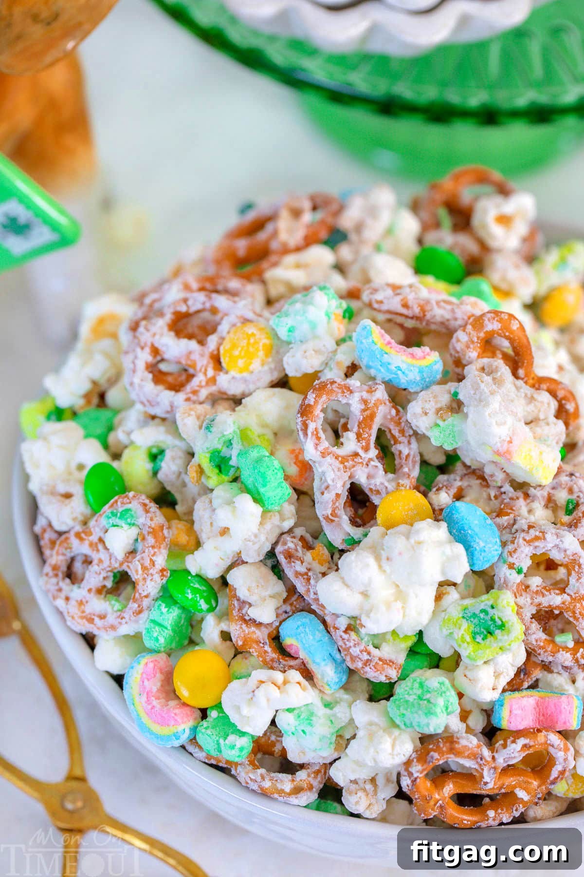 The Golden Allure 9 Close up look at Leprechaun Bait in white bowl with green cake stand in background.
