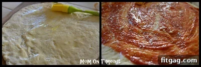 Pizza dough with sauce, parmesan, and olive oil