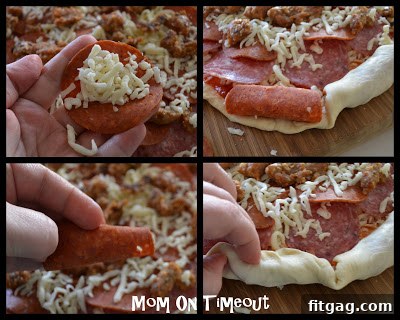 Stuffing the pizza crust with meat and cheese
