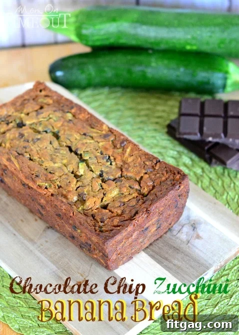 A large loaf of Chocolate Chip Zucchini Banana Bread, perfectly baked with golden-brown crust.
