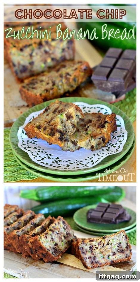 Slices of Chocolate Chip Zucchini Banana Bread stacked, showing the fluffy interior and chocolate chips.