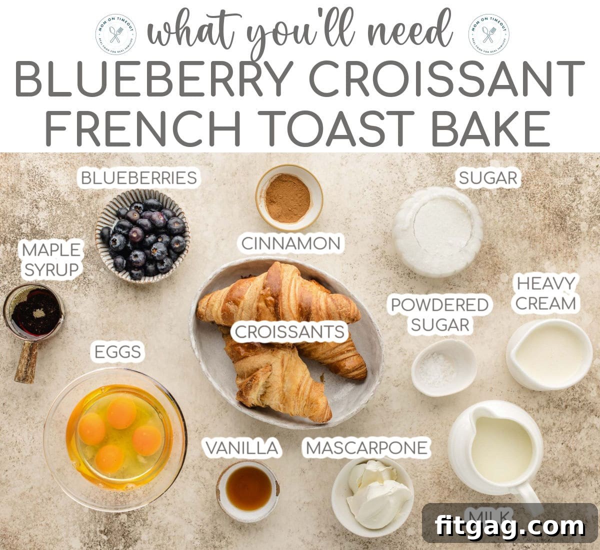Top-down view of all ingredients for blueberry croissant french toast bake laid out in small bowls, ready for preparation.