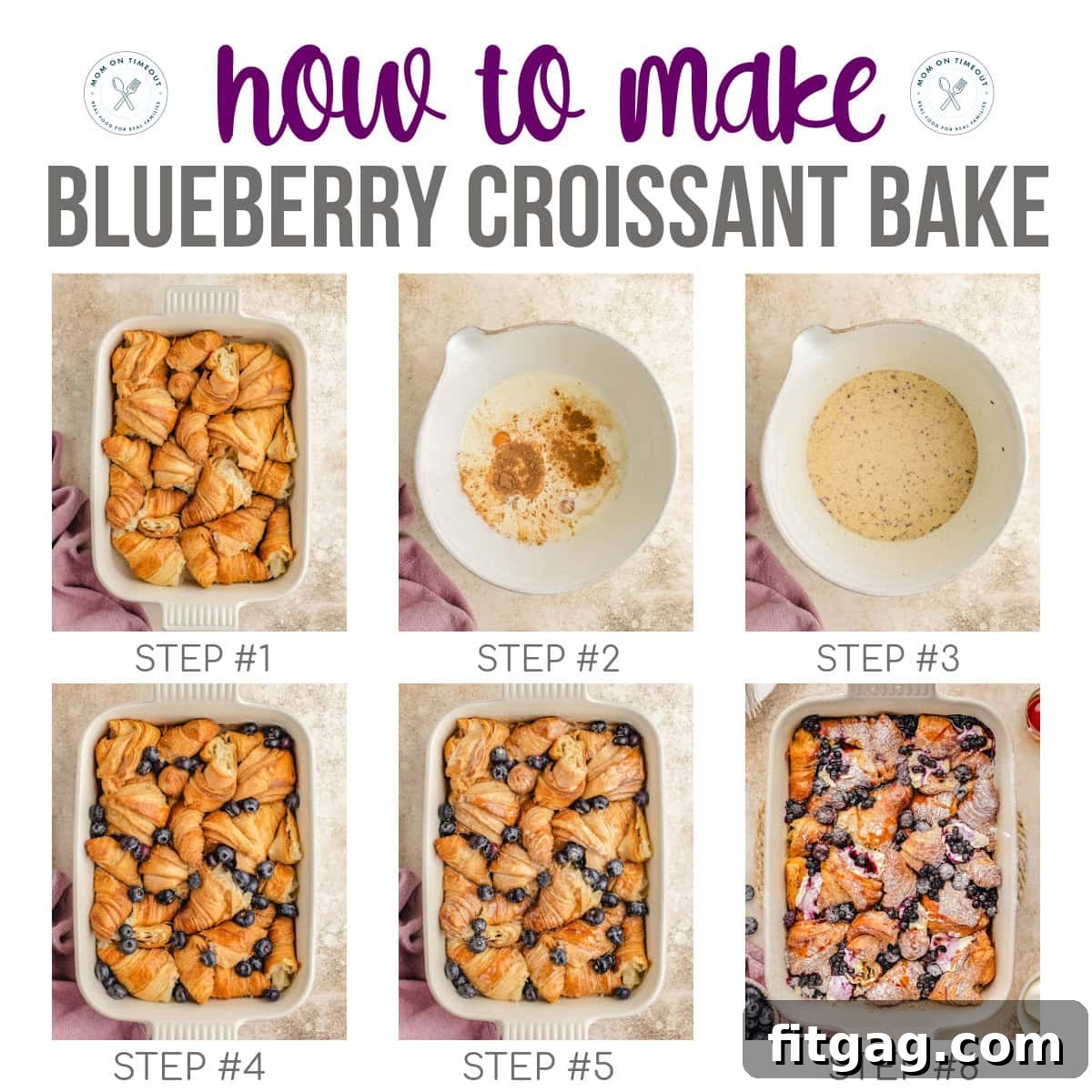 Six image collage showing step-by-step process of making blueberry croissant french toast bake from ingredients to finished dish.