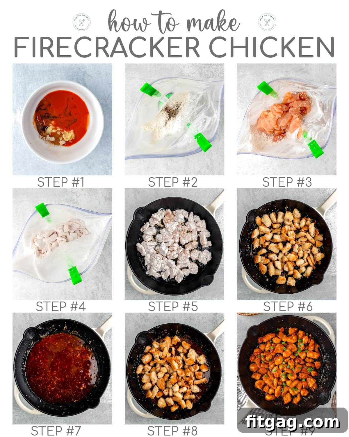 A nine-panel image collage illustrating the step-by-step process of preparing Firecracker Chicken, from raw ingredients to the finished glazed dish.