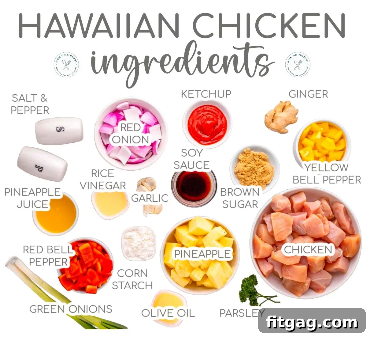 Hawaiian chicken ingredients collage showing all the ingredients measured out and ready to be used in the recipe. Title overlay at the top of the image.