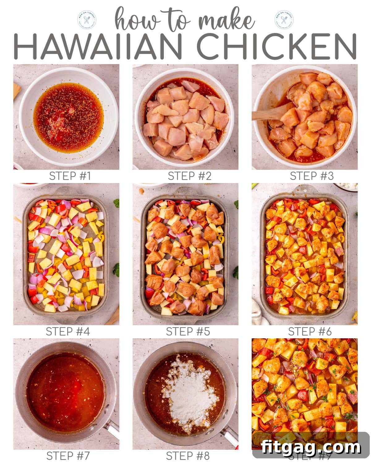 Nine image collage showing how to make Hawaiian Chicken recipe step by step, from marinating to baking and serving. Visual guide to simplify the cooking process.