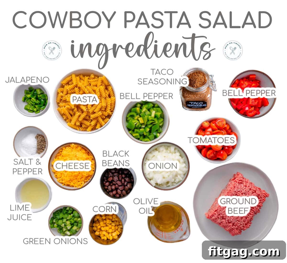 Chuckwagon Pasta Salad 4 All the ingredients for Cowboy Pasta Salad are neatly measured out into small bowls, awaiting their turn to be combined into the delicious recipe.