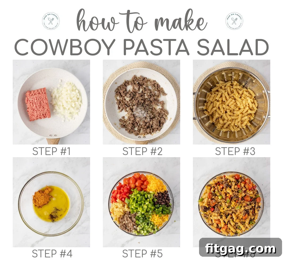 Chuckwagon Pasta Salad 6 A six-image collage visually demonstrating the step-by-step process of how to make the Cowboy Pasta Salad recipe, from cooking the beef to the final toss.