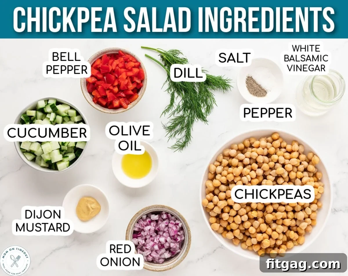 Overheat shot of ingredients for Chickpea Salad measured out into small bowls and ready to be used in the recipe. Text title at top of image.