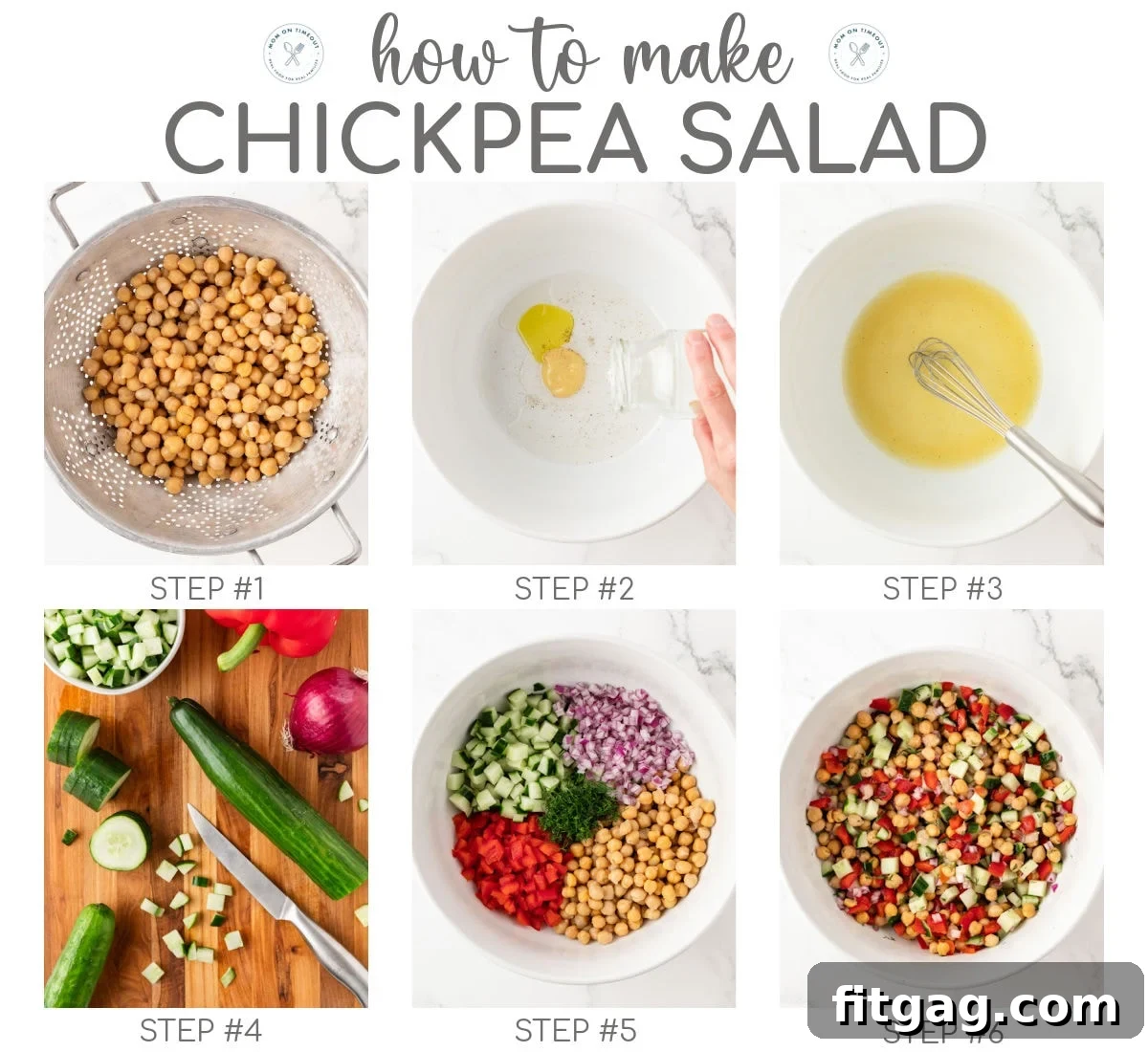 Six image collage showing how to make chickpea salad step by step. Text overlay at top of image. 