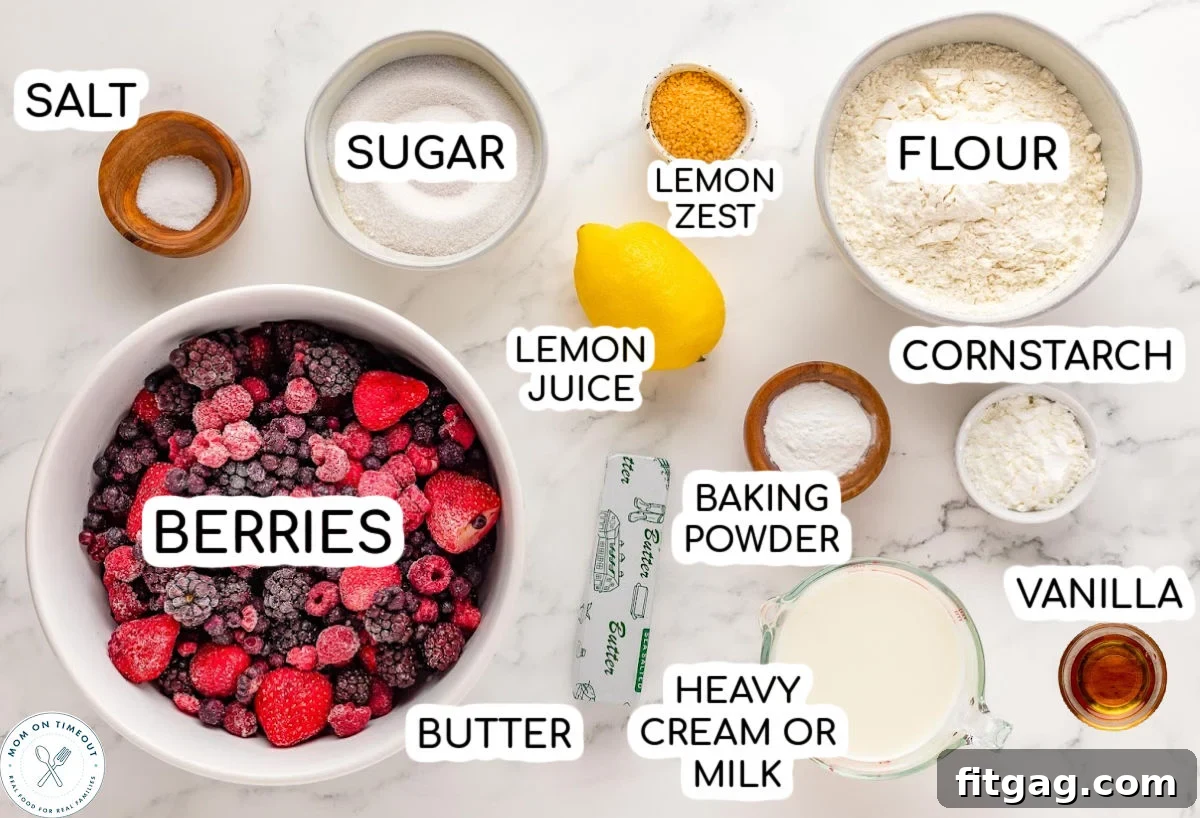 Sweet Berry Indulgence 4 Berry cobbler ingredients measured out into small bowls and ready to be used in the recipe.
