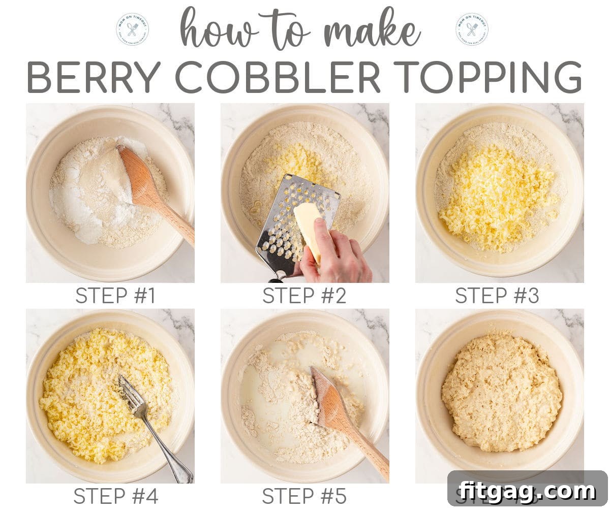 Sweet Berry Indulgence 5 Six image collage showing how to make topping for berry cobbler.