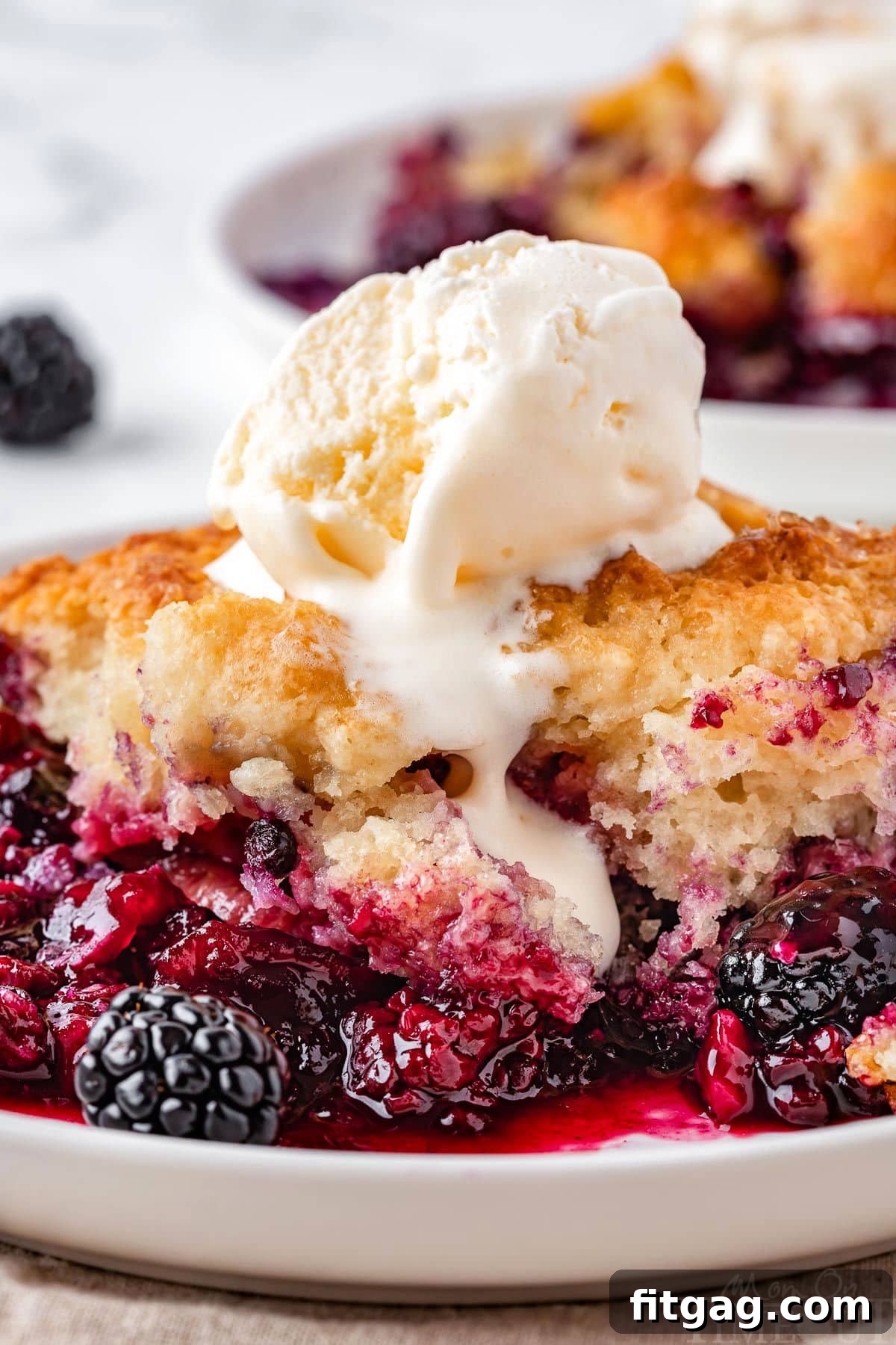 Sweet Berry Indulgence 8 Close up of berry cobbler on plate topped with ice cream.
