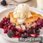 Sweet Berry Indulgence 10 Berry cobbler served on white round plate and topped with vanilla ice cream. Baking dish with the rest of the berry cobbler recipe can be seen in the background.