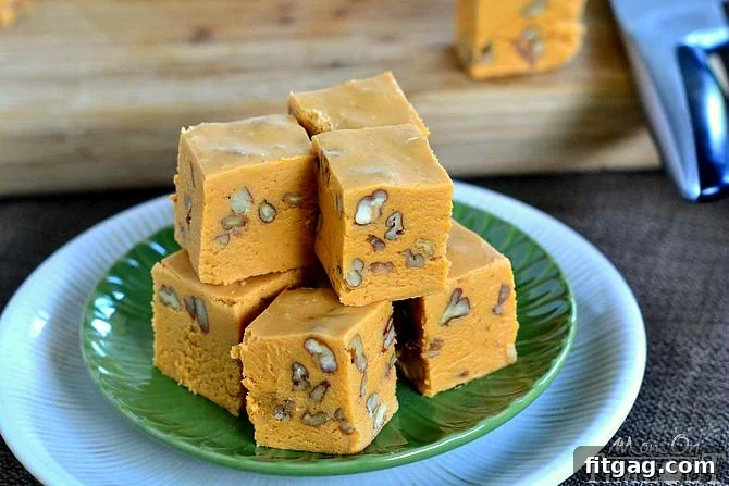 Close-up of freshly cut Pumpkin Butterscotch Fudge squares.