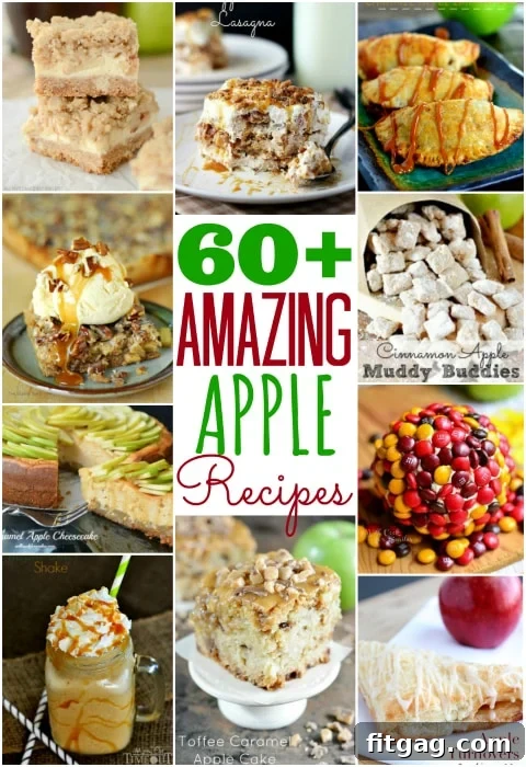 A vibrant collage showcasing a variety of delicious apple desserts, including golden-brown pies, moist cakes, chewy brownies, and delightful bars, inviting viewers to explore over 60 amazing apple recipes perfect for fall baking.
