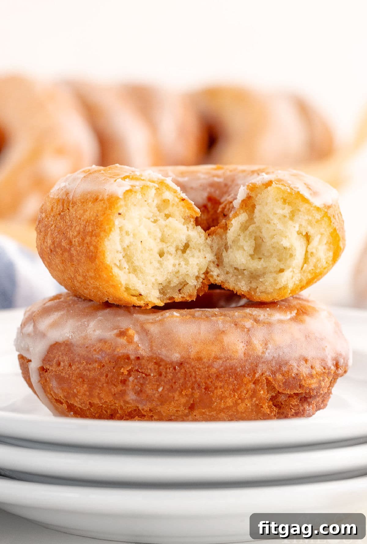 Two cake donuts on white plate, Top donut has been torn in half so tender, cake like interior is exposed.