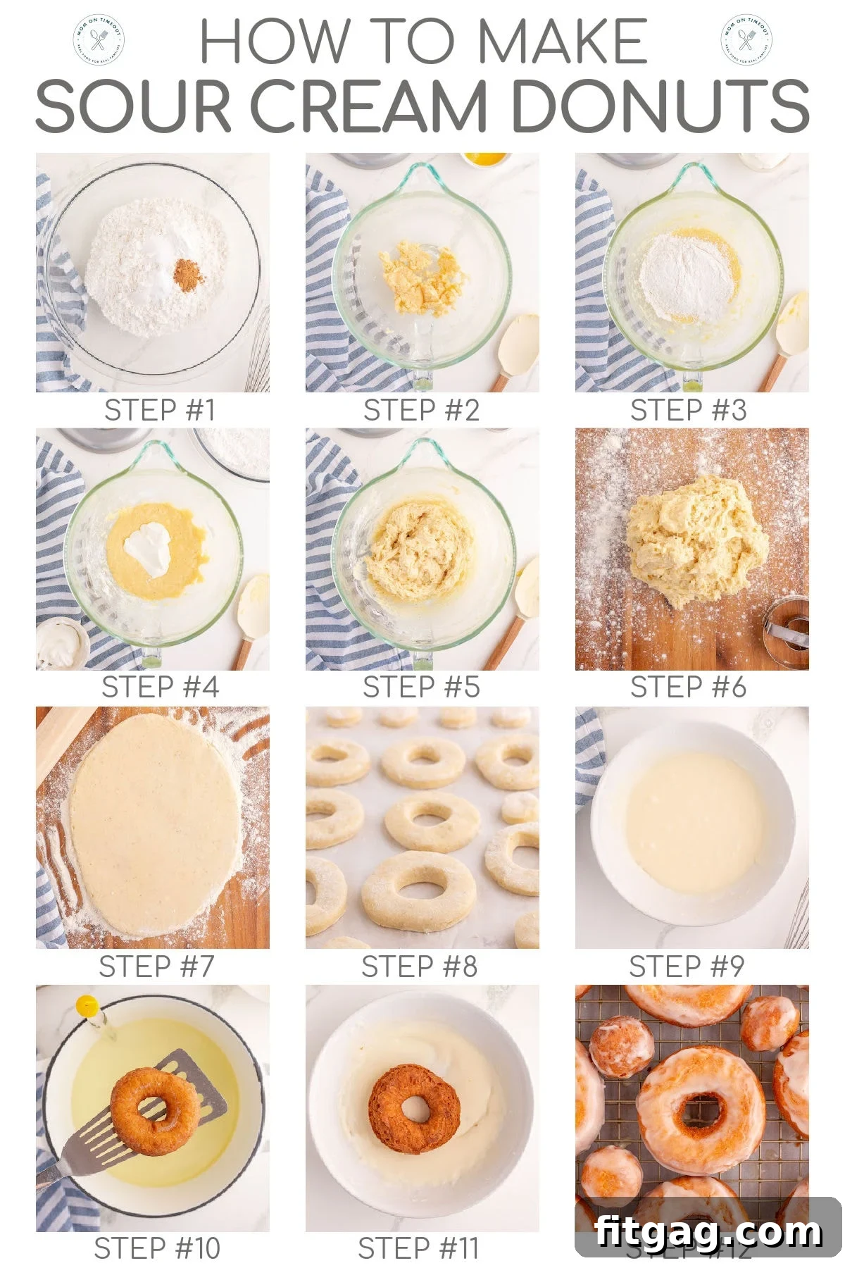 Twelve image graphic showing how to make sour cream donuts step by step. Text overlay at top of image.