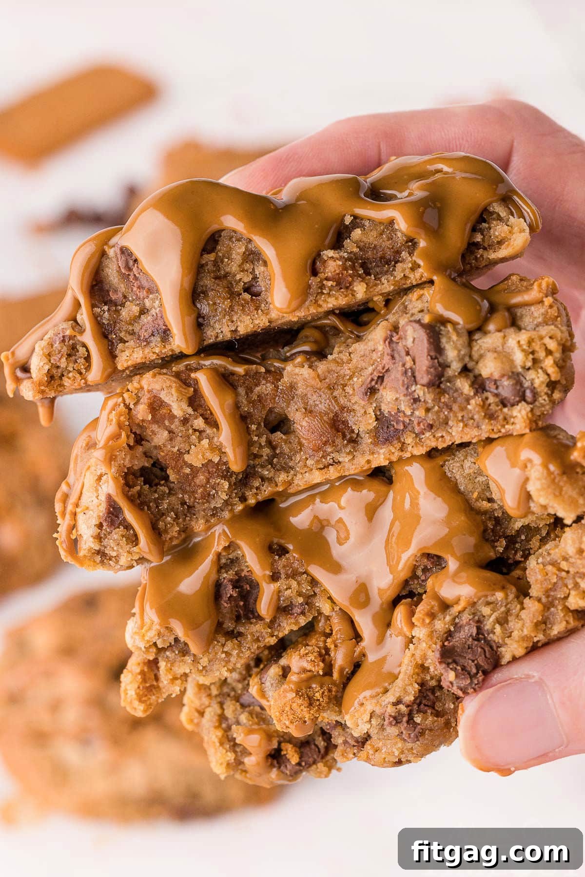 Golden Speculoos Chocolate Chip Dreams 2 Two Biscoff chocolate chip cookies broken in half, revealing their soft interior and melty chocolate, artfully arranged in a hand.