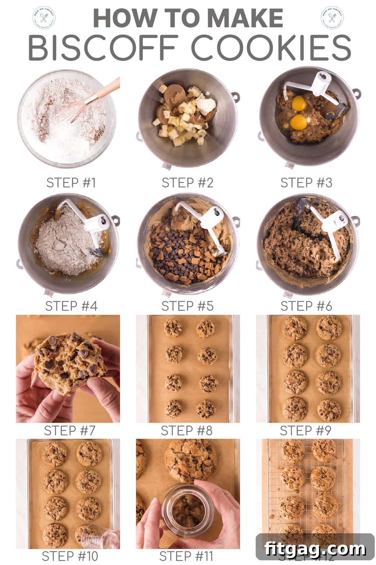 Golden Speculoos Chocolate Chip Dreams 5 A twelve-image collage demonstrating the step-by-step process of how to make Biscoff chocolate chip cookies, with a descriptive text overlay at the top.