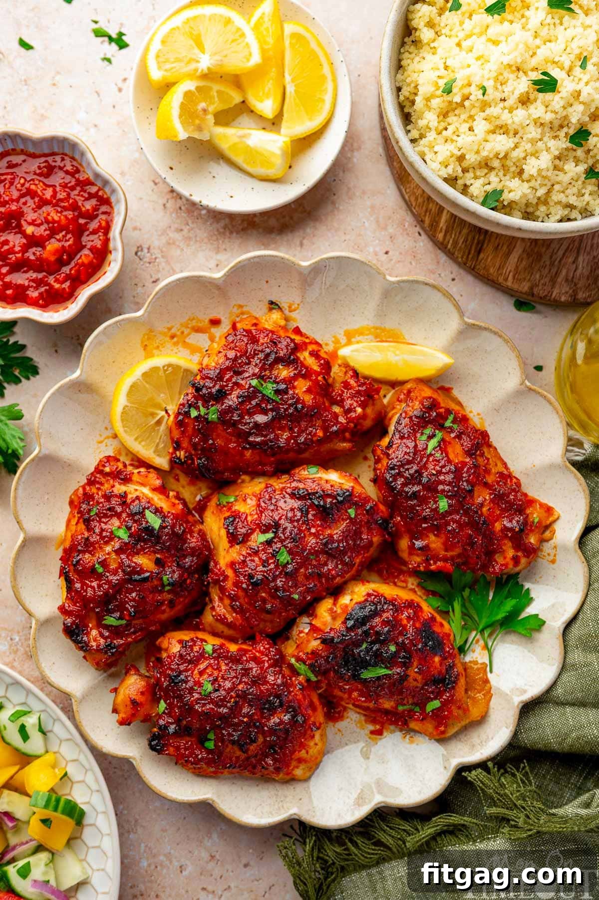 Top down shot of harissa chicken on a serving plate with lemon wedges and fresh parsley as a garnish. Bowl of couscous can be seen off to the side.
