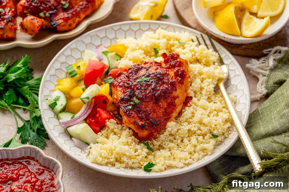 Wide shot of harissa chicken plated with couscous and fresh veggie salad.