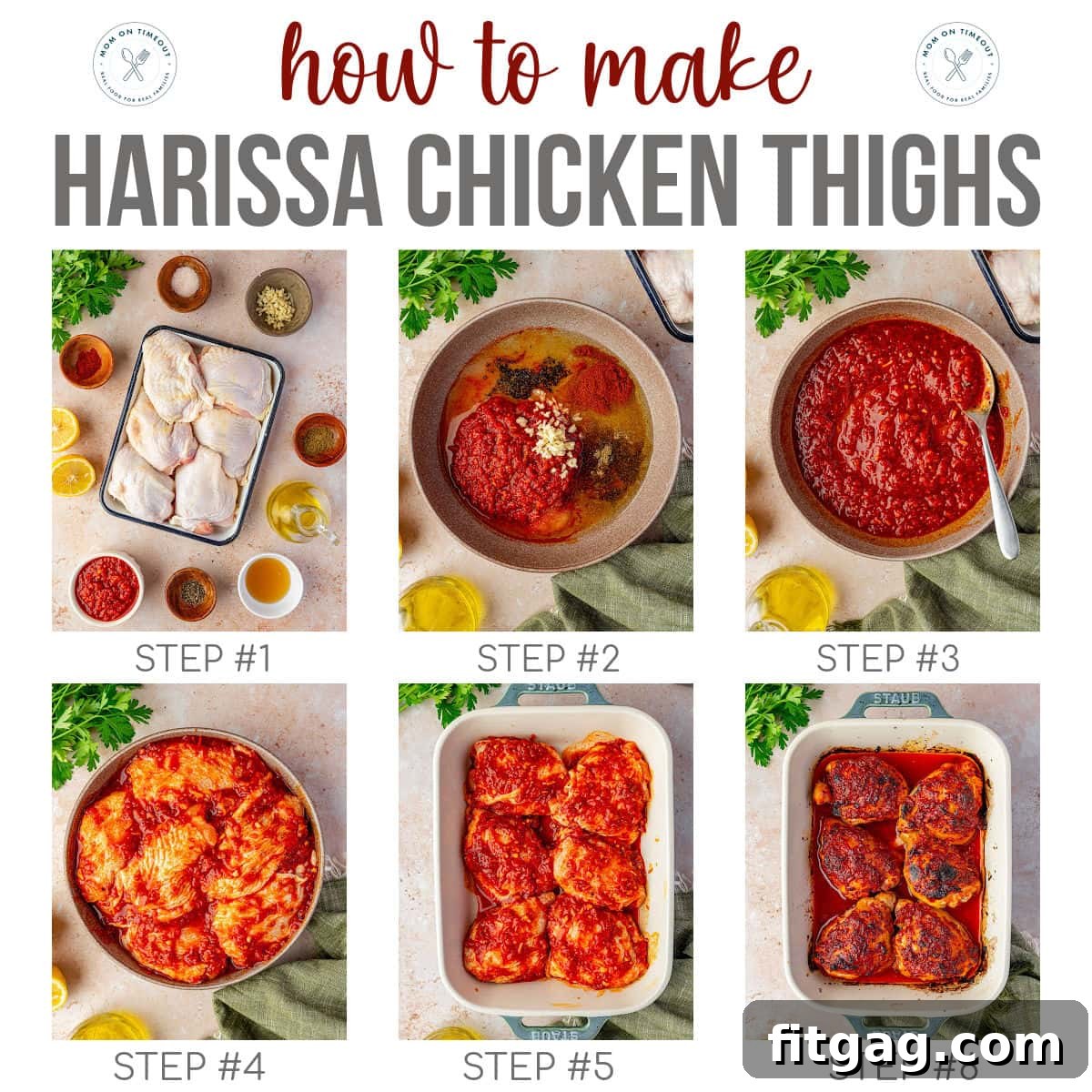 Six image collage of how to make harissa chicken thighs step by step. 