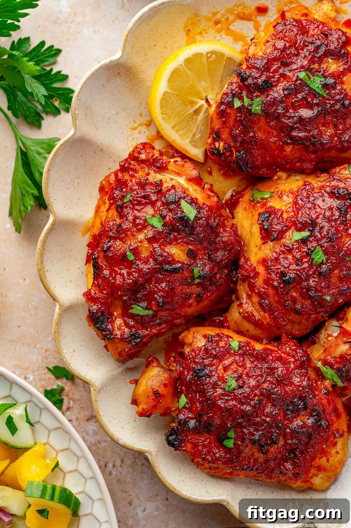 Close up shot of harissa chicken on scalloped plate with lemon wedges.