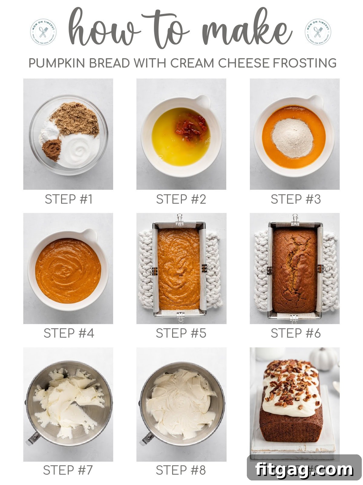 Nine image collage showing how to make pumpkin bread with cream cheese frosting