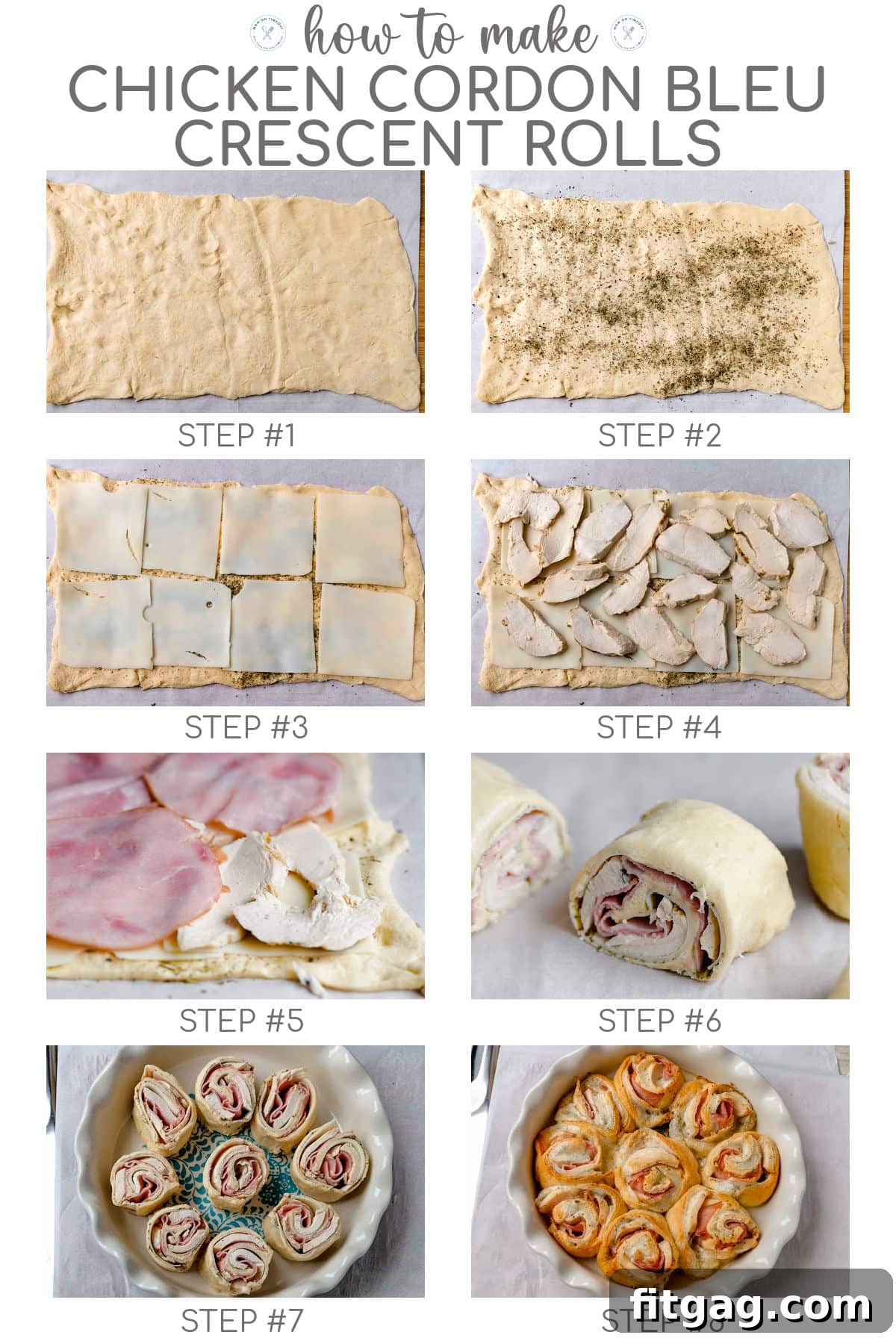 An eight-image collage illustrating the step-by-step assembly process of Chicken Cordon Bleu Crescent Rolls, from dough layering to final rolling.