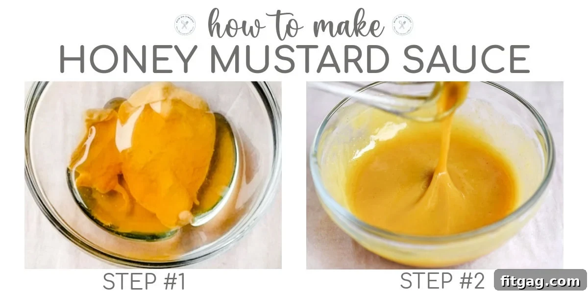 A two-image collage demonstrating the quick and easy preparation of the honey mustard dipping sauce.