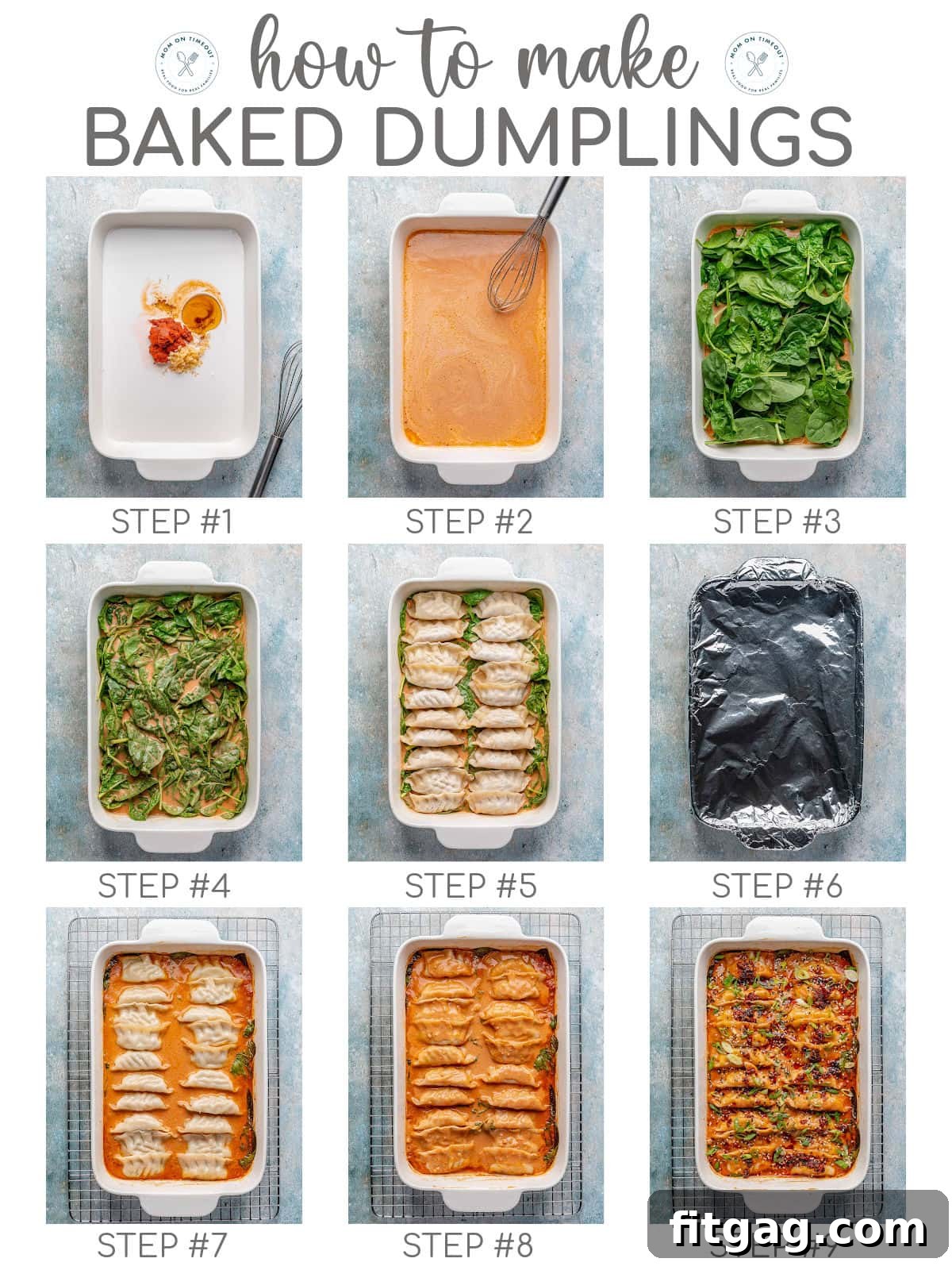A visual graphic depicting nine step-by-step images, illustrating the complete process of how to make baked dumplings, with a clear title overlay at the top.