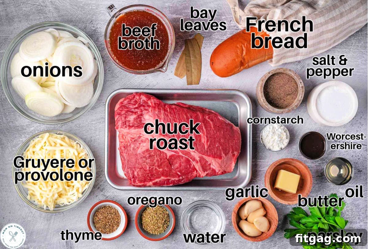 Slow-Cooked French Onion Beef 4 Overhead shot of french onion pot roast ingredients measured out and ready to use in the recipe. Each ingredient has been labeled.