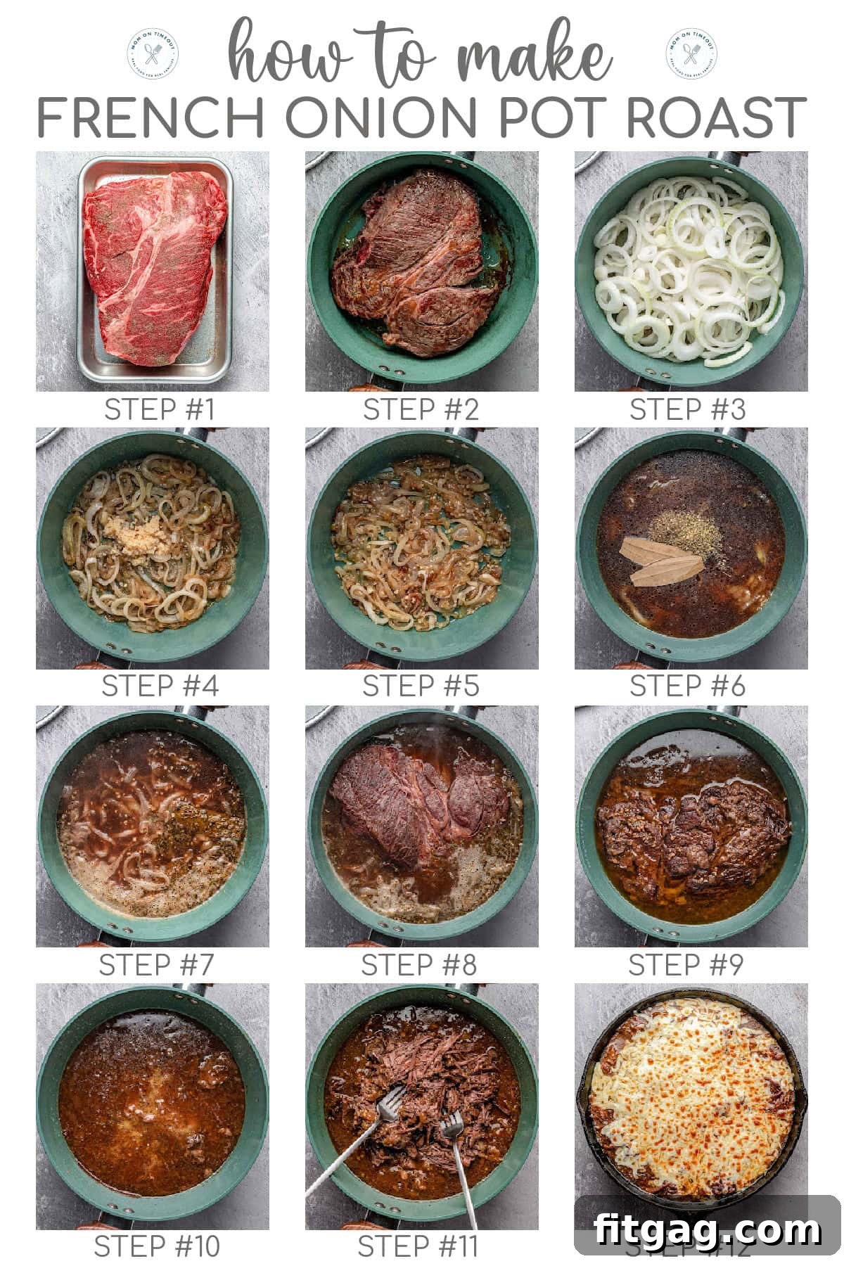 Slow-Cooked French Onion Beef 5 Twelve image graphic showing how to make french onion pot roast step by step. Text overlay at top of the image.