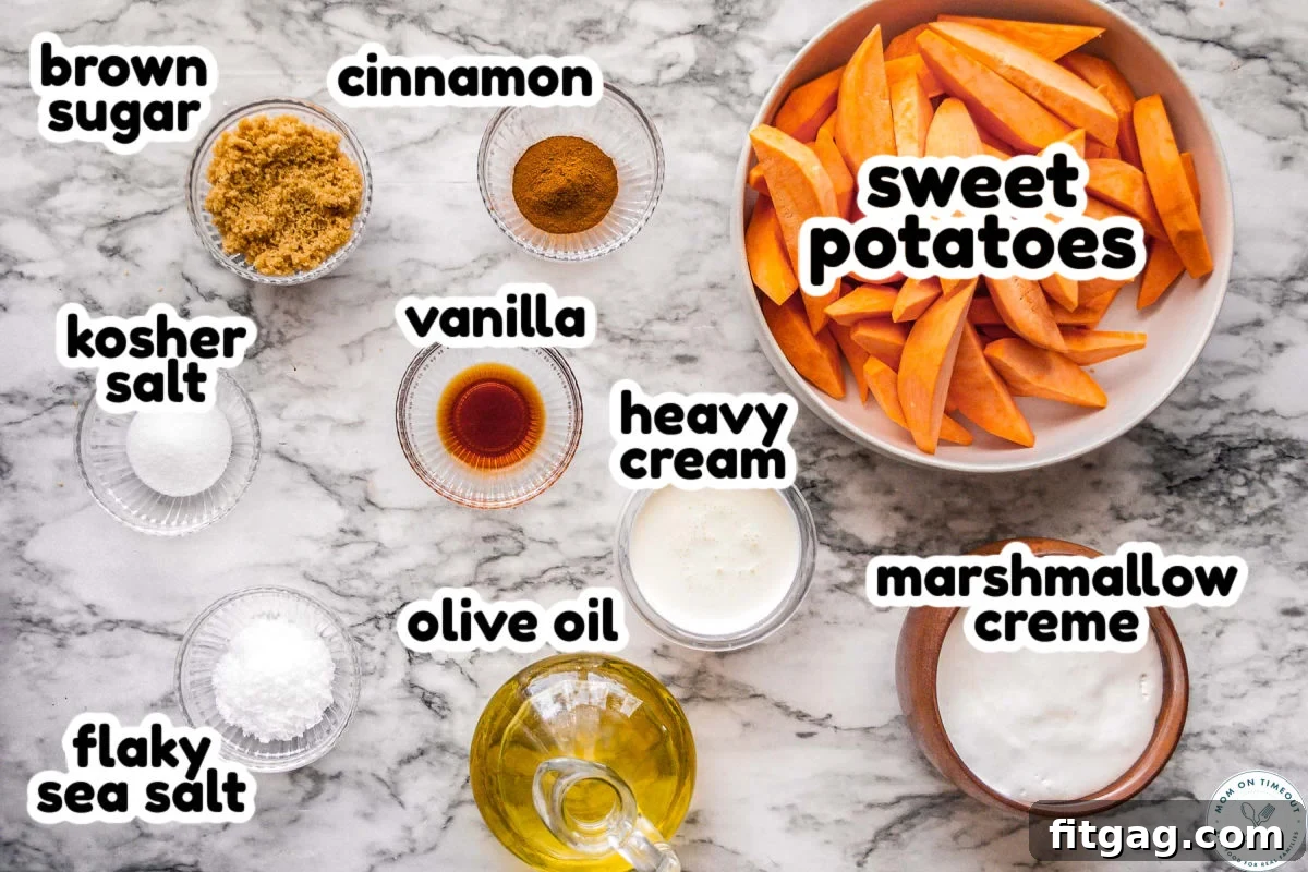 Overhead shot of sweet potato wedge ingredients measured out into small bowls, ready for preparation.