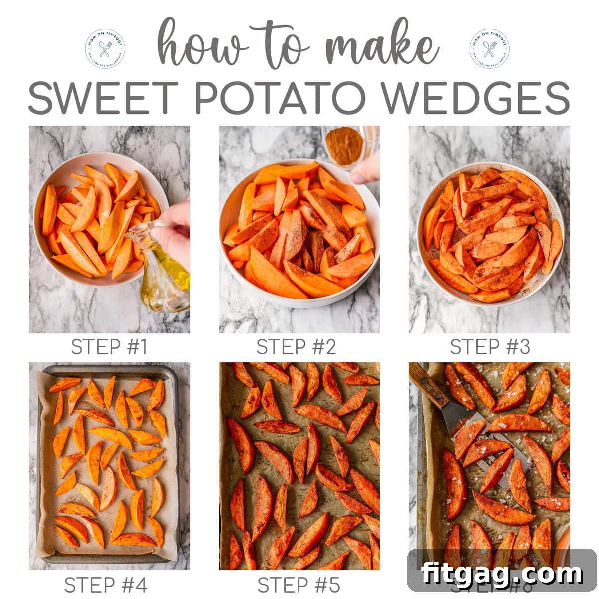 A six-image graphic illustrating the step-by-step process of how to make sweet potato wedges, from seasoning to baking and broiling.