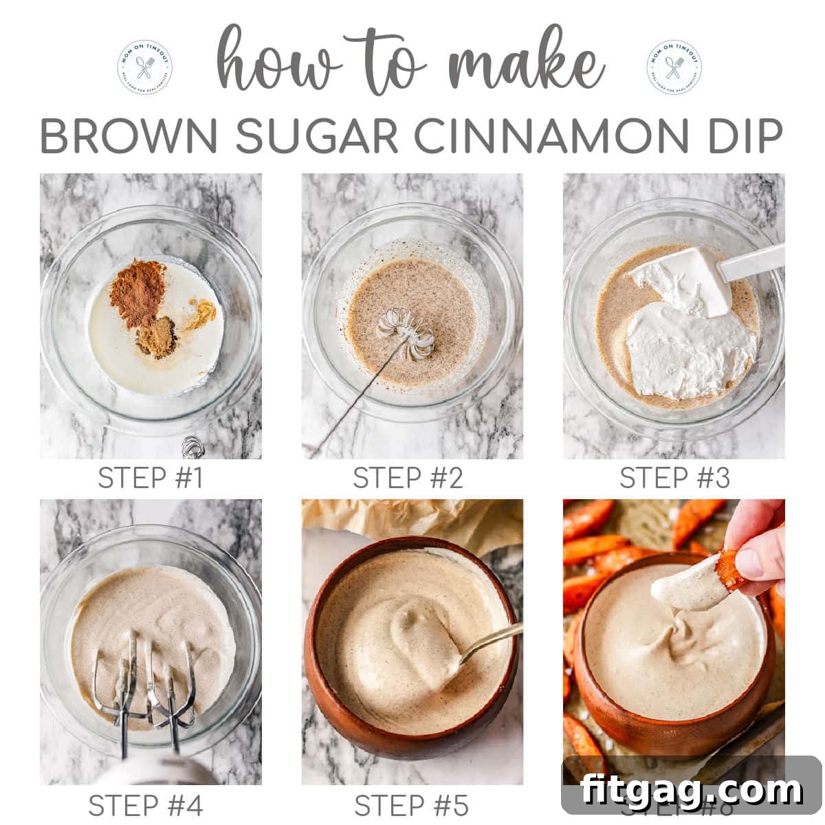 A six-image graphic detailing the steps to prepare the brown sugar cinnamon marshmallow dip, showing each ingredient being combined.