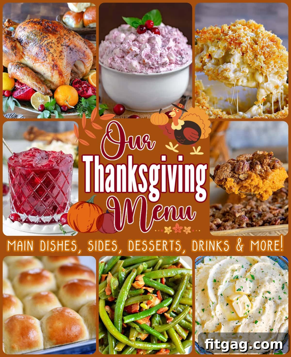 Thanksgiving menu collage with text overlay showing classic Thanksgiving dishes.