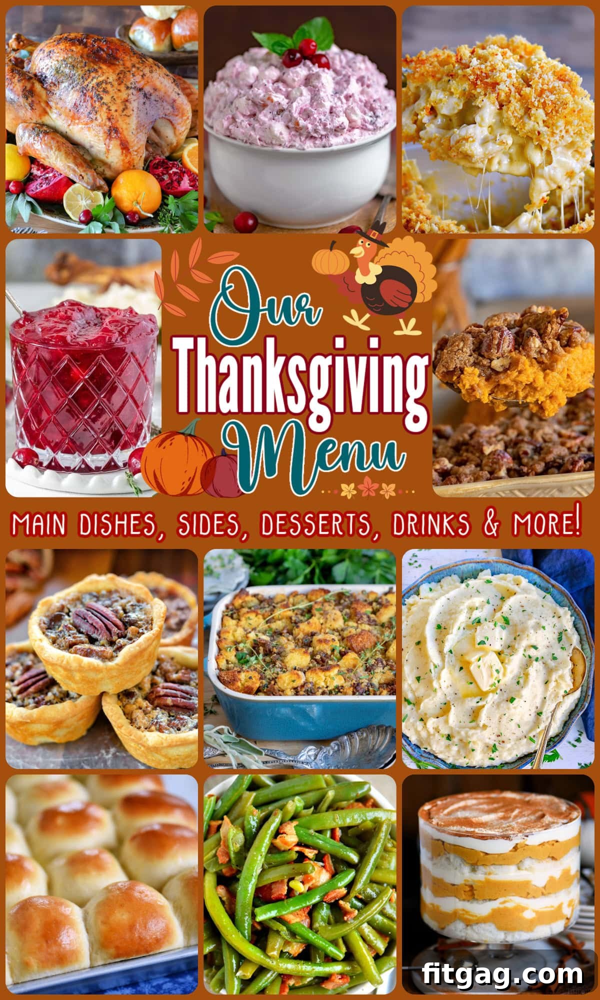 Thanksgiving menu collage with text overlay showing classic Thanksgiving dishes.