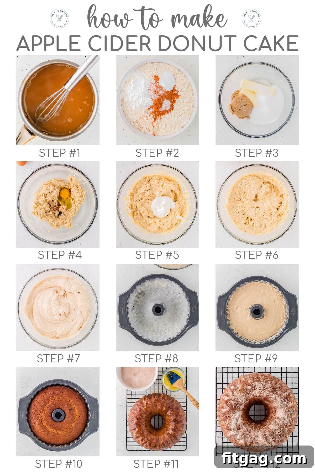 A visual graphic depicting the step-by-step process of making an apple cider donut cake. The graphic contains twelve distinct images illustrating each stage of the recipe, with a clear title overlay at the top.