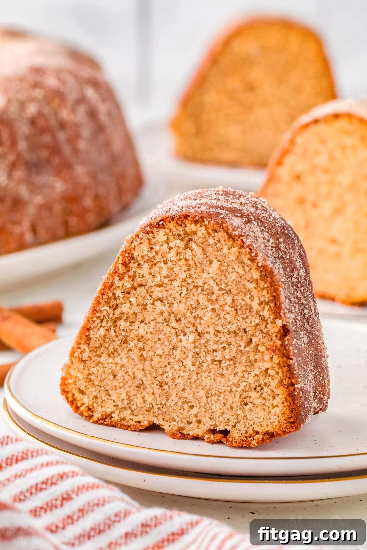 A charming close-up of a single piece of apple cider donut cake, beautifully presented on a round white plate. In the softly blurred background, more delectable slices are visible, inviting a second helping.