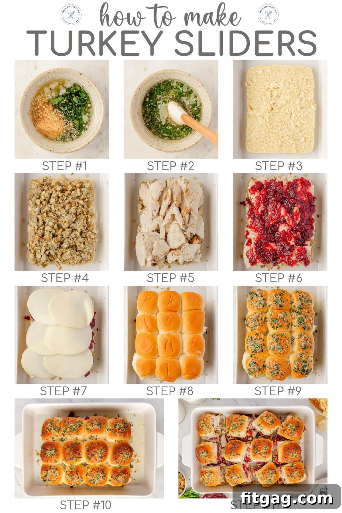 Petite Turkey Stacks 6 Eleven image graphic showing how to make turkey sliders in numbered steps. Text overlay at top of image.