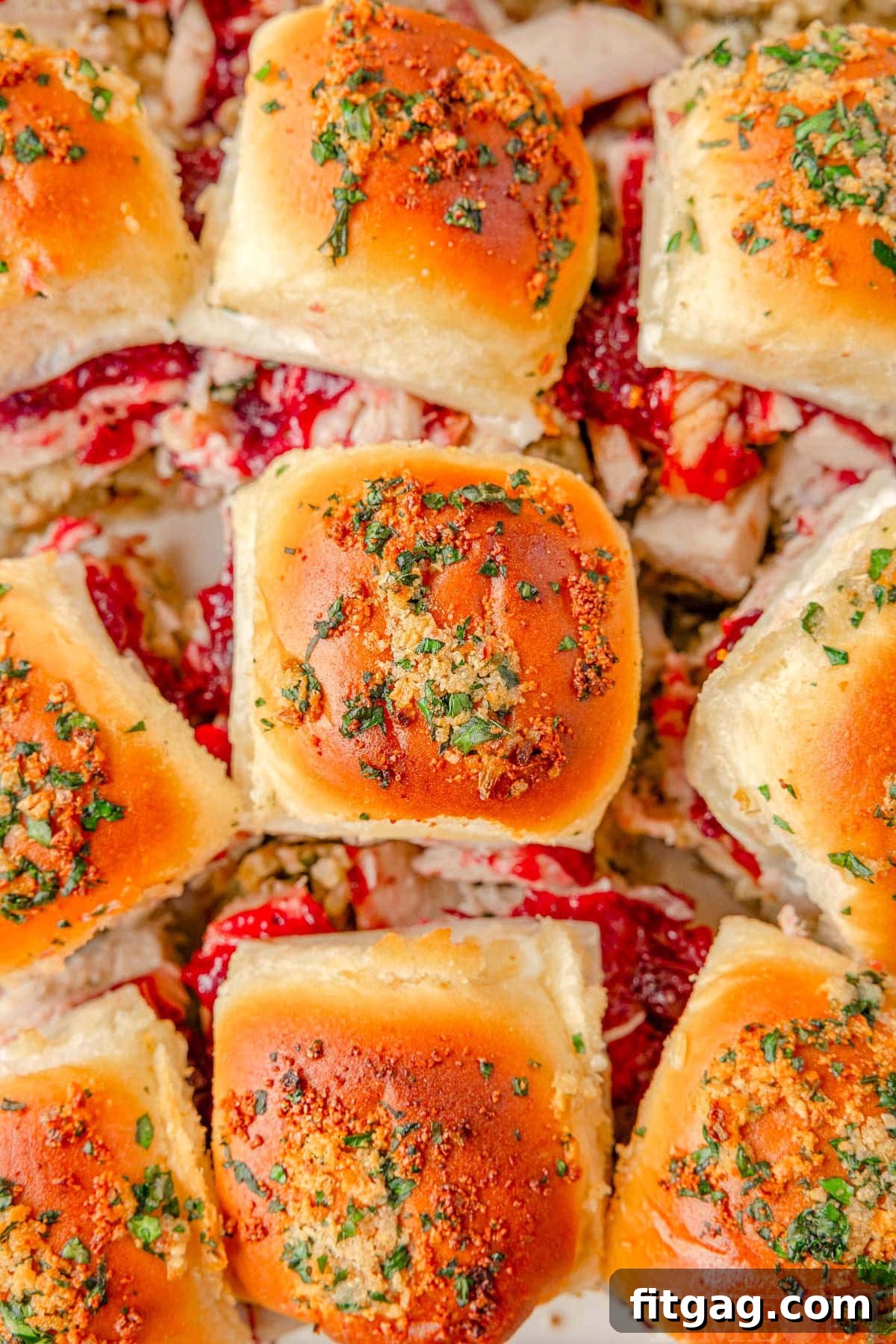 Petite Turkey Stacks 8 Close up shot of turkey sliders baked and ready to be eaten.