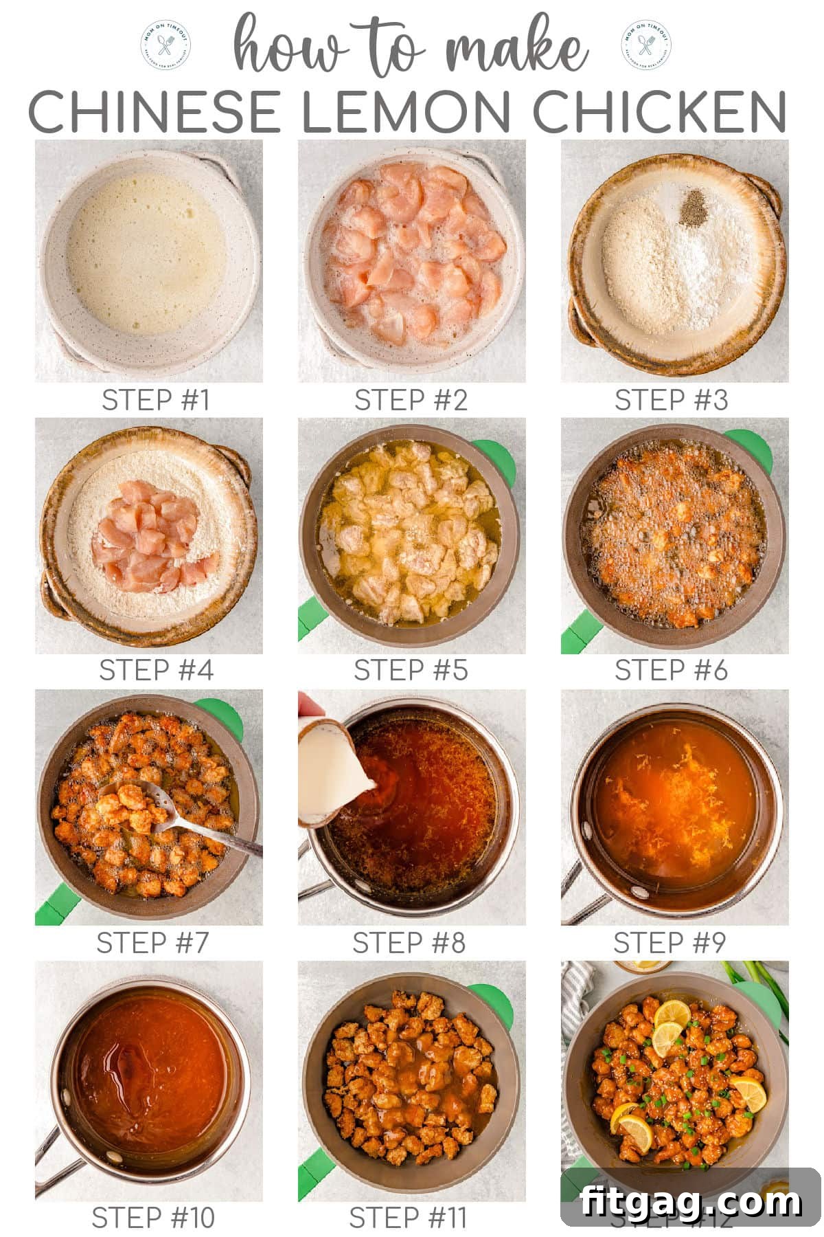 Golden Glazed Lemon Chicken 5 Twelve image collage showing how to make chinese lemon chicken step by step. Title overlay at top of image.
