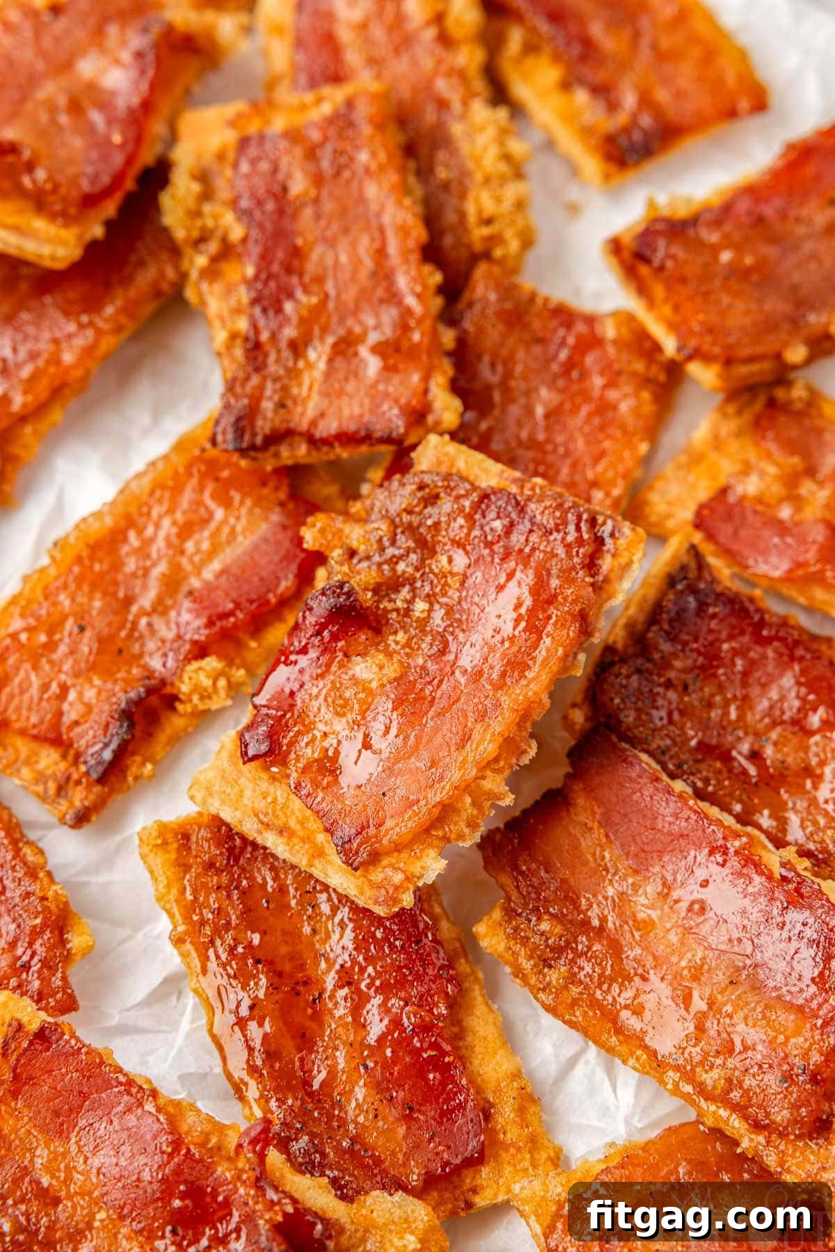 Golden brown bacon crackers arranged neatly on white parchment paper, featuring club crackers, crispy bacon, and glistening brown sugar.